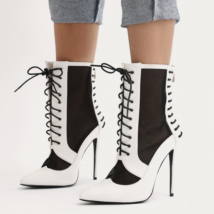 Black and White Heels Lace up Boots Pointy Toe Ankle Booties |FSJ Shoes