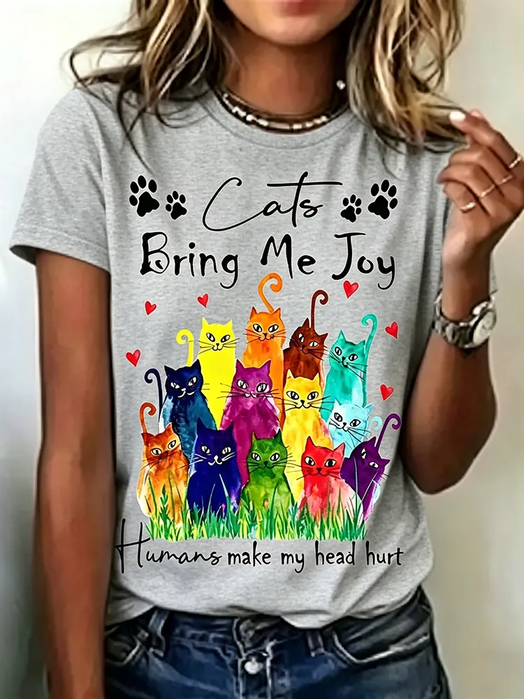 Comstylish Colorful Abstract Cat Line Drawing Art Crewneck Casual Top