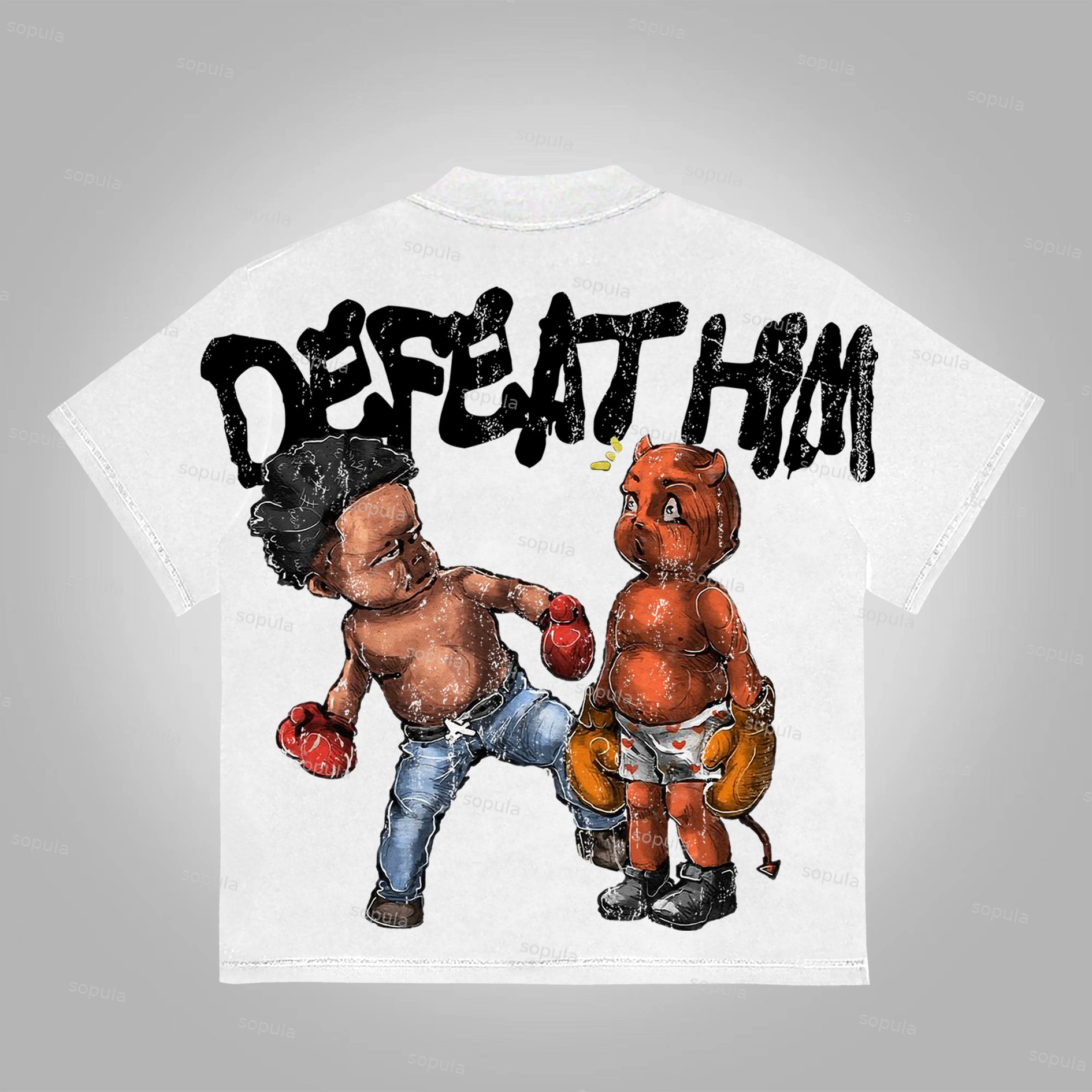 Sopula Vintage Boxer Defeat Him Graphic Print Cotton T-Shirt