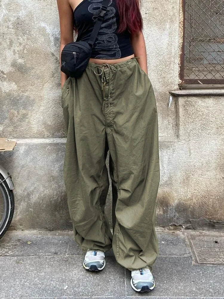 Woherb Drawstring Parachute Cargo Pants-Outfit Ideas