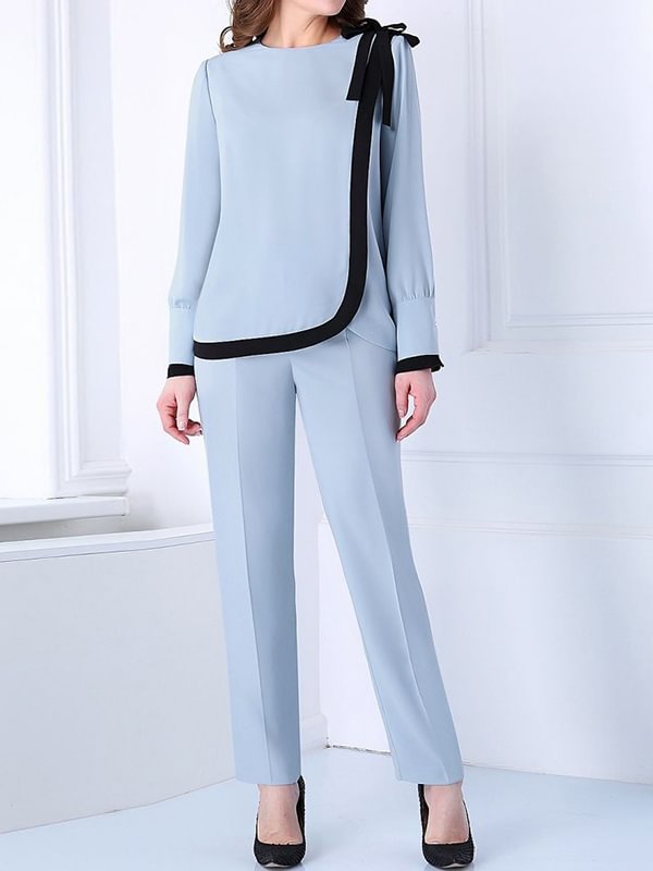 Round neck tie blouse and trousers suit