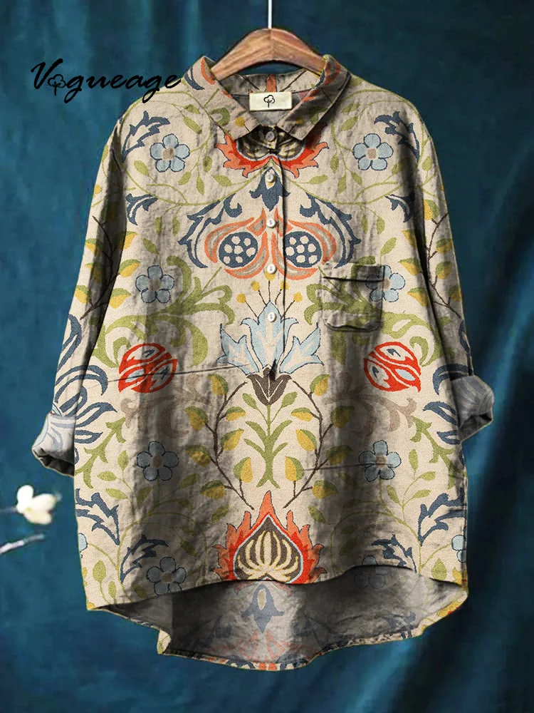 Elegant And Simple Plants And Flowers Print Cotton And Linen Shirt