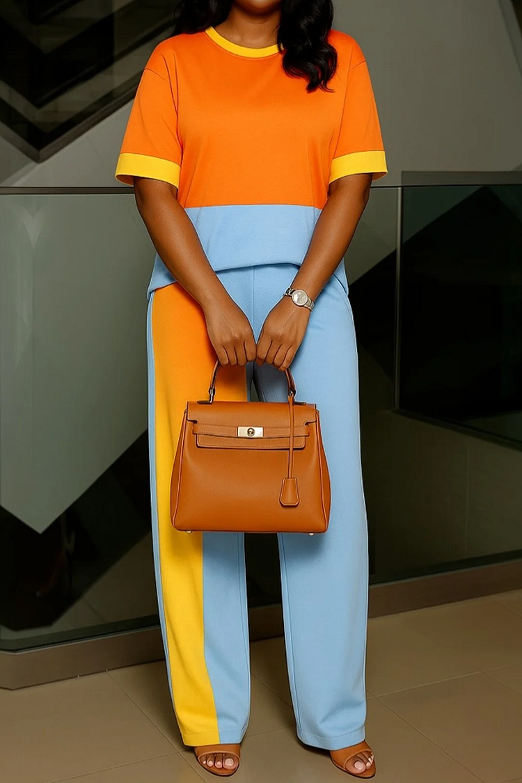 Plus Size Business Casual Orange Colorblock Round Neck Short Sleeve Pocket Elegant Two Piece Pant Sets [Pre-Order] 2024 - Xpluswear