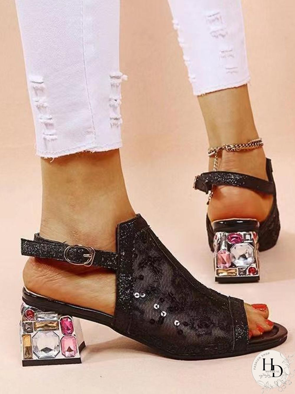 Mesh Sequined Fish Mouth Chunky Heel Sandals