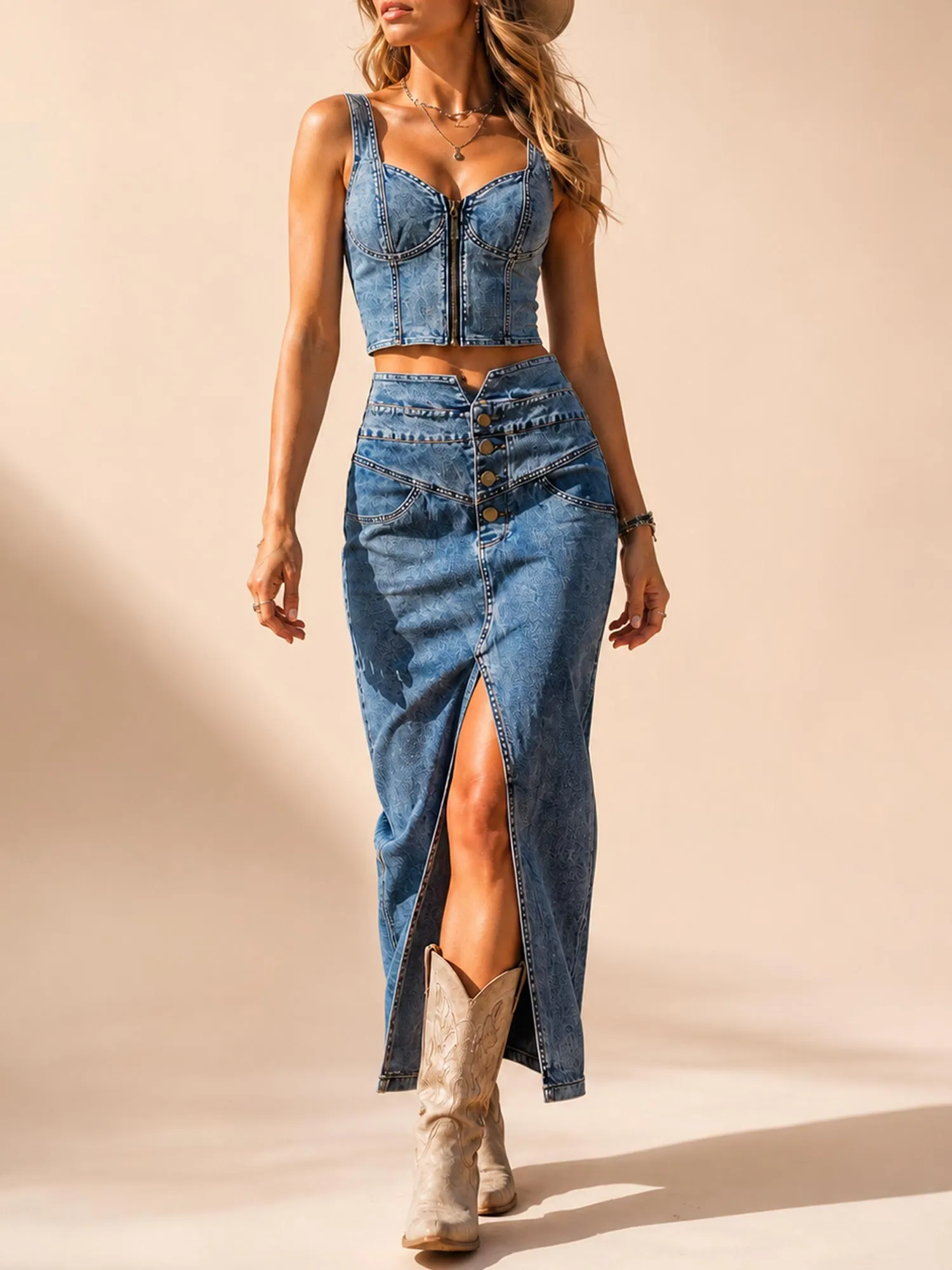 Coastal Ranch Getaway &mdash; Acid Wash Denim Zip-Up Corset Crop Top and Asymmetric Button High-Waisted Slit Maxi Skirt Two-Piece Set
