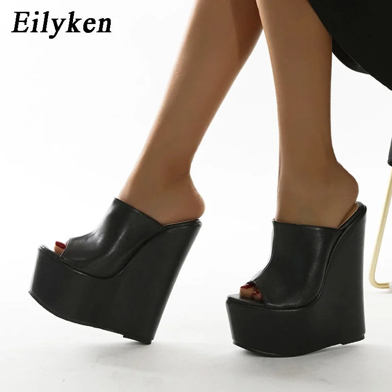 Eilyken 2022 New Platform Wedge Peep Toe Slippers Black Summer Shoes Woman Sexy Super High Sandal Slippers Black 35-42 Mules