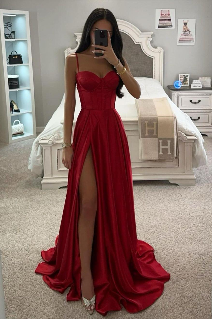 Oknass Glamorous Red Stain Spaghetti Strap Sleeveless Mermaid Long Prom Dress with Split