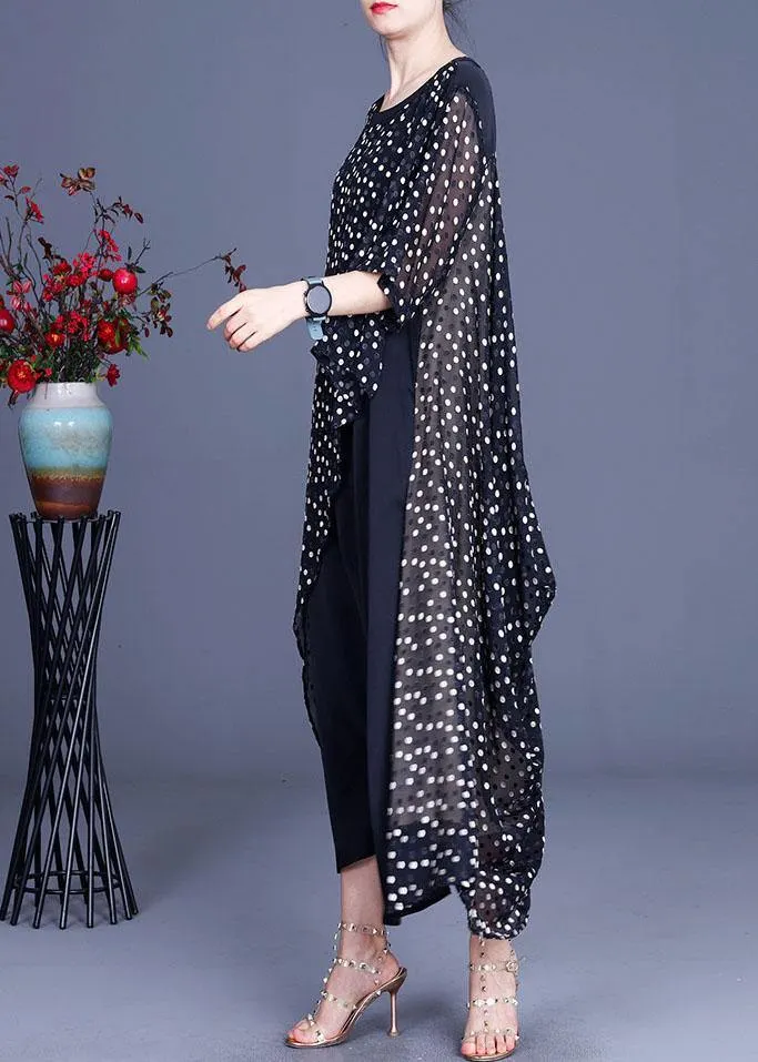 Plus Size Black Patchwork Dot Summer Silk Sundress Half Sleeve