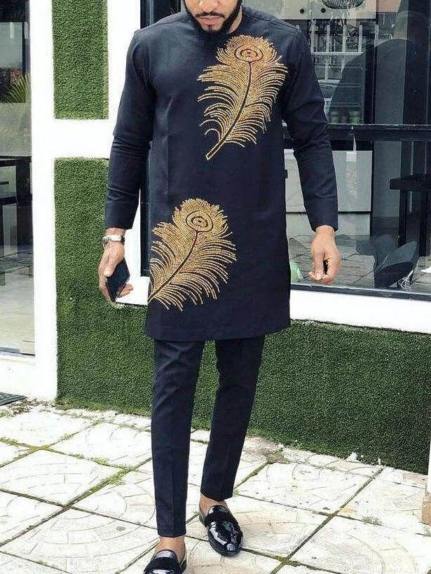 Men's chic and casual black printed long sleeve two-piece set