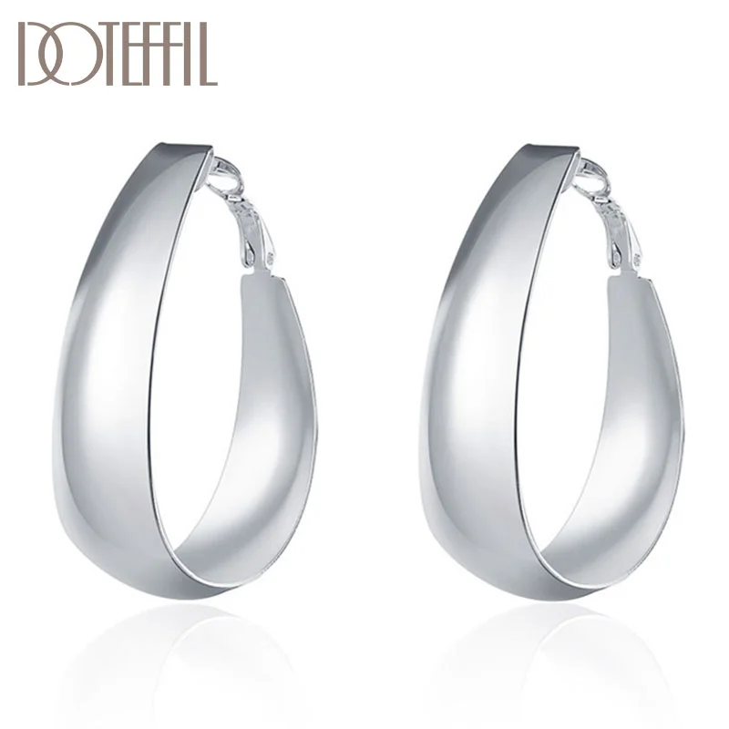 DOTEFFIL 925 Sterling Silver Round Smooth Egg Noodle Earrings Women Jewelry