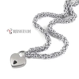 pornhint Pornhint Slave Collar with Small Heart Lock Silver Chainmail Padlock Necklace