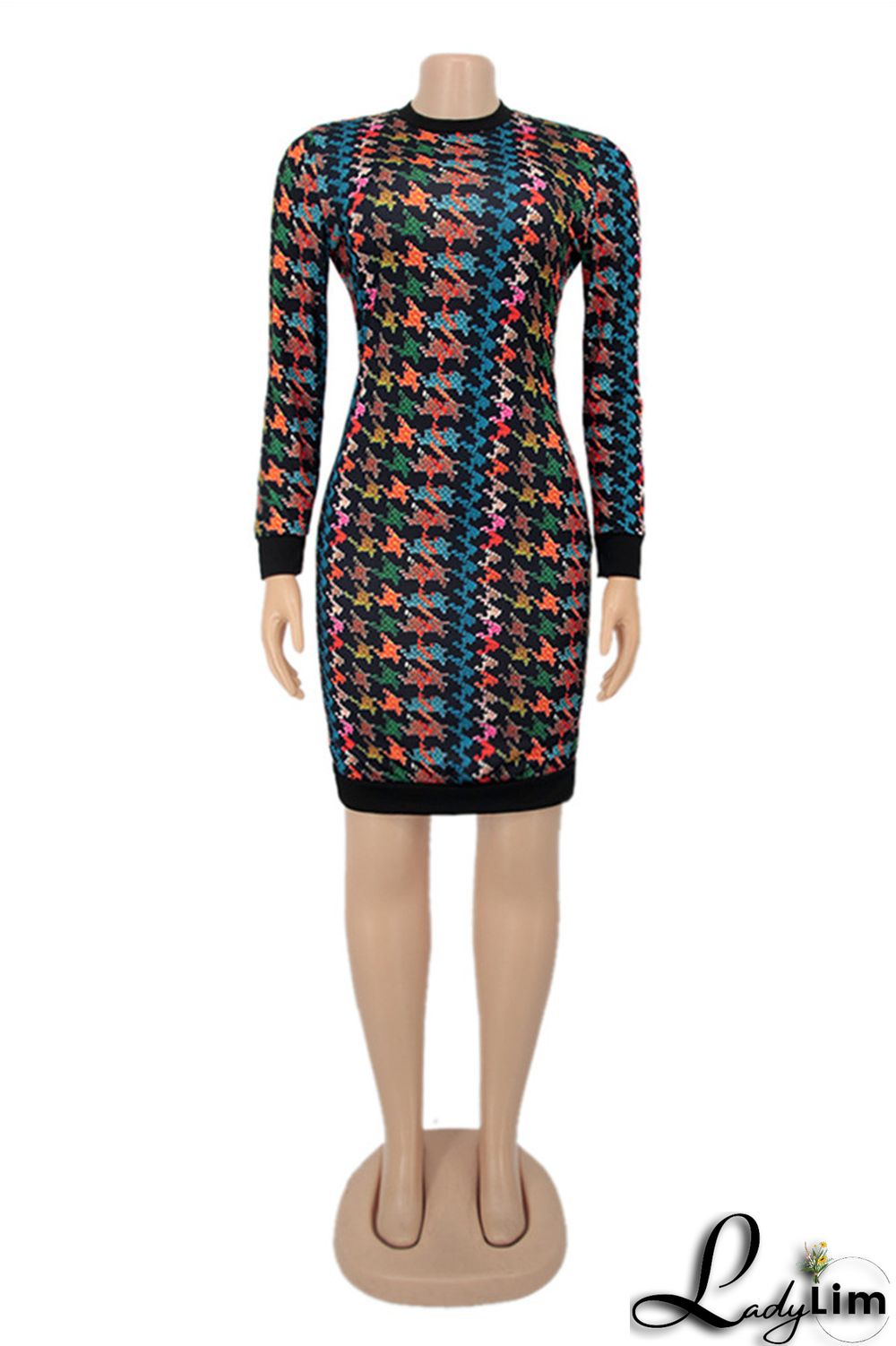 Colour Fashion Casual Print Patchwork Backless O Neck Long Sleeve Plus Size Dresses