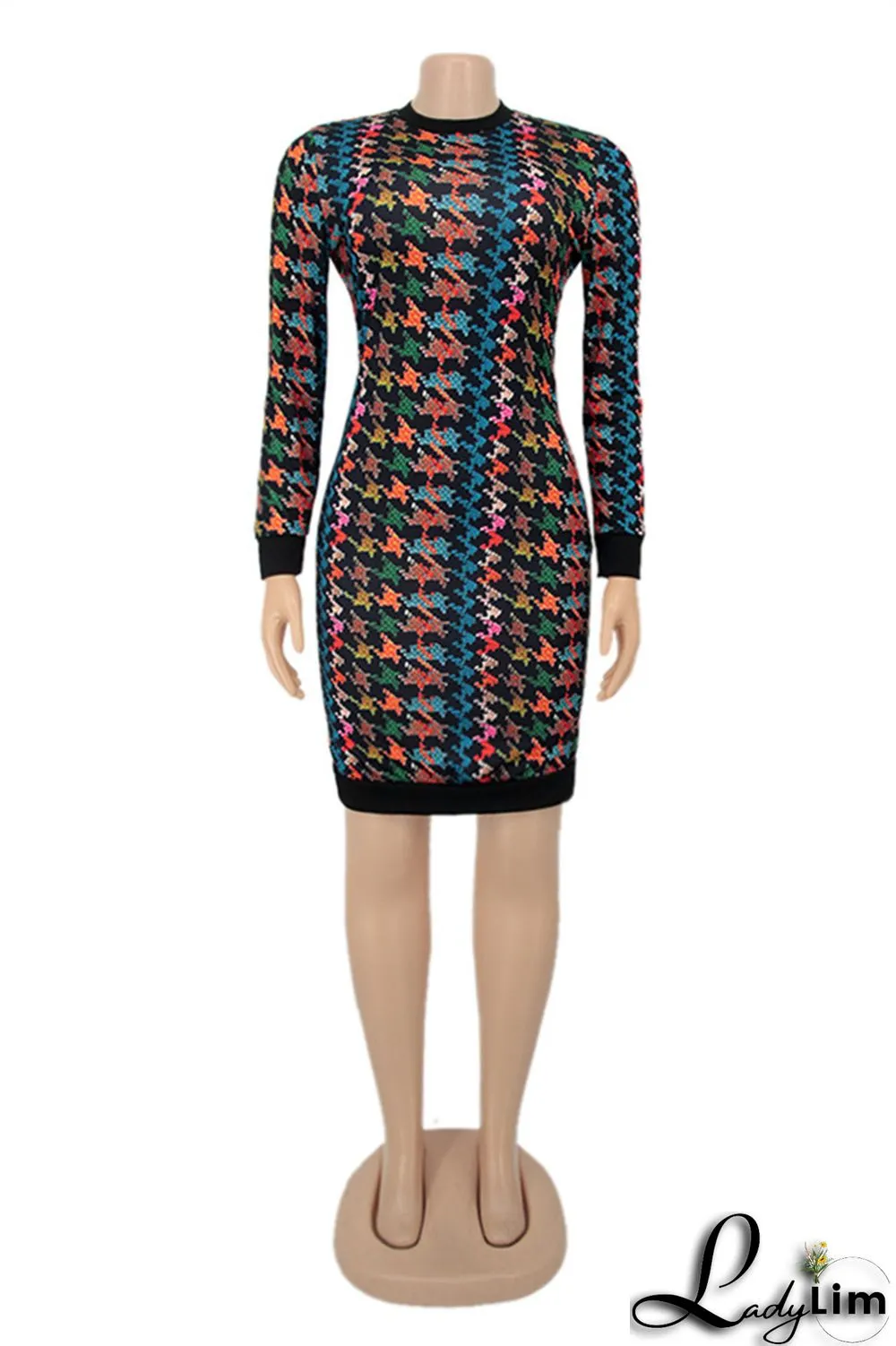 Colour Fashion Casual Print Patchwork Backless O Neck Long Sleeve Plus Size Dresses