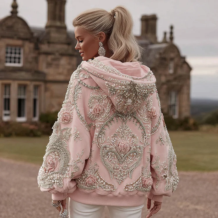 Women's Vintage Rose Embroidery Art Long Sleeve Hoodie