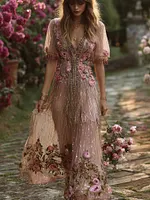 Women's Bohemian Rose Art Thin And Floaty Short Sleeve V-neck Dress