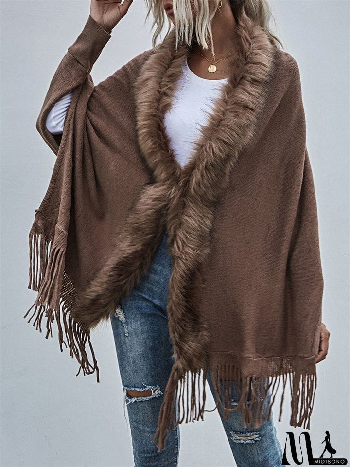 MidiSono - Elegant Lady Fur Collar Tassel Design Batwing Sleeve Cardigan Shawl Sweaters