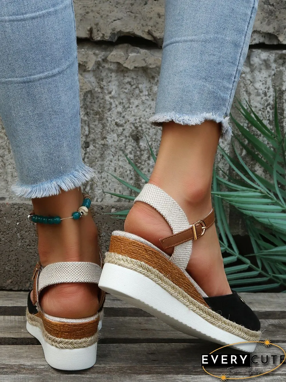Women Color Block Summer Vacation Braided Non-Slip Block Heel Espadrille Sandals Adjustable Buckle EVA Wedges&Flatform