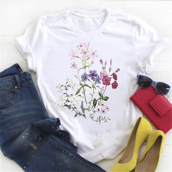Summer Ladies Flower Print T-shirt Fashion Simple Student Short Sleeve - Life is Beautiful for You - SheChoic