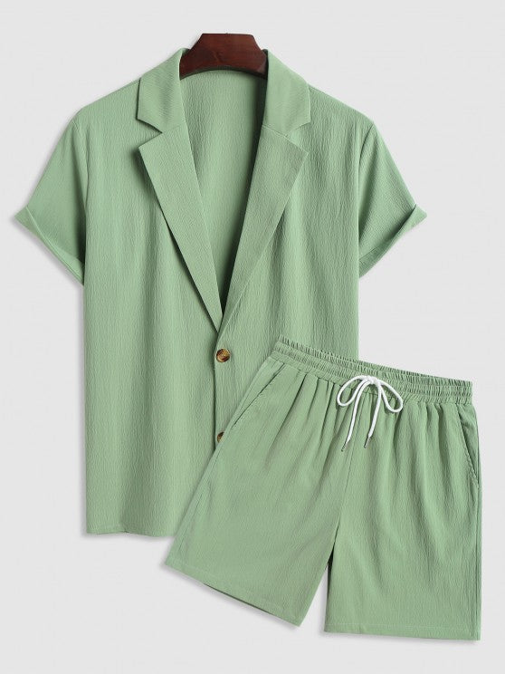 Plain Short Sleeves Shirt And Drawstring Bermuda Shorts Casual Set