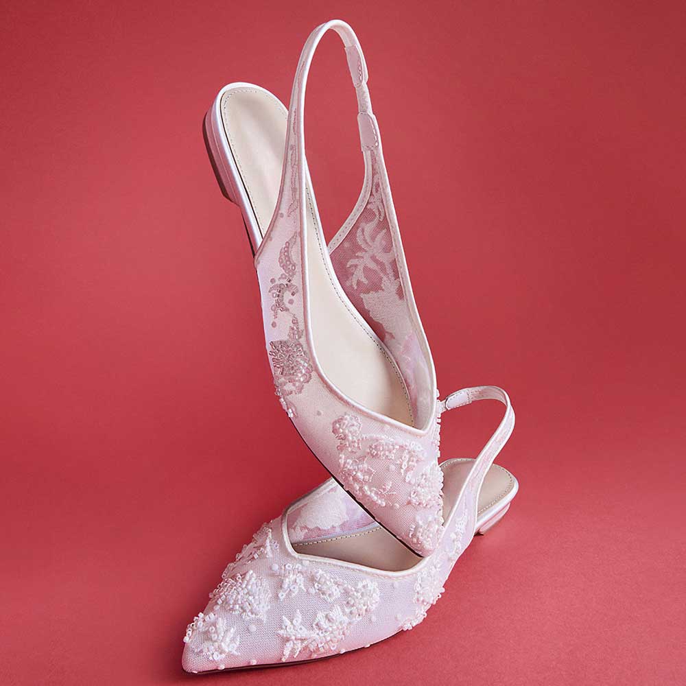 White Lace Sequins Beads Embellished Pointed Toe Flat Slingback Shoes Nicepairs