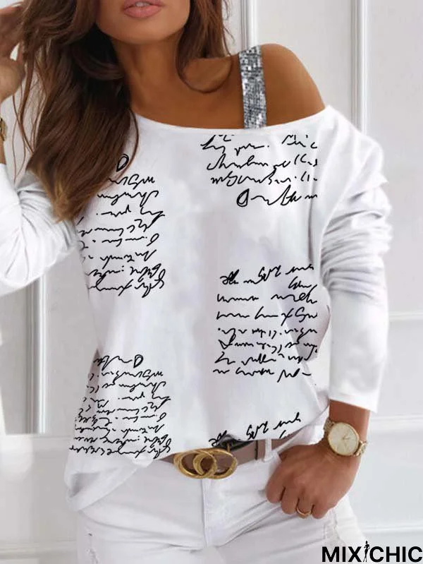 Long Sleeve Casual Letter Printed One Shoulder T-shirt