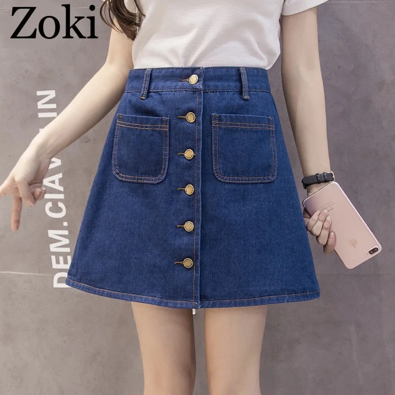 Zoki Vintage Women Denim Mini Skirt Summer High Waist A-line Korean Single Button Female Jeans Harajuku Cotton Street Wear 2020