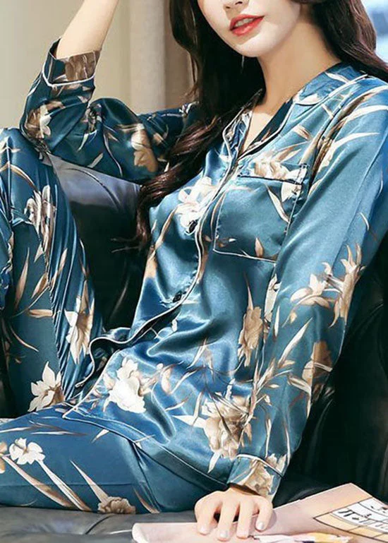 Elegant Blue Peter Pan Collar Print Ice Silk Pajamas Two Pieces Set Summer