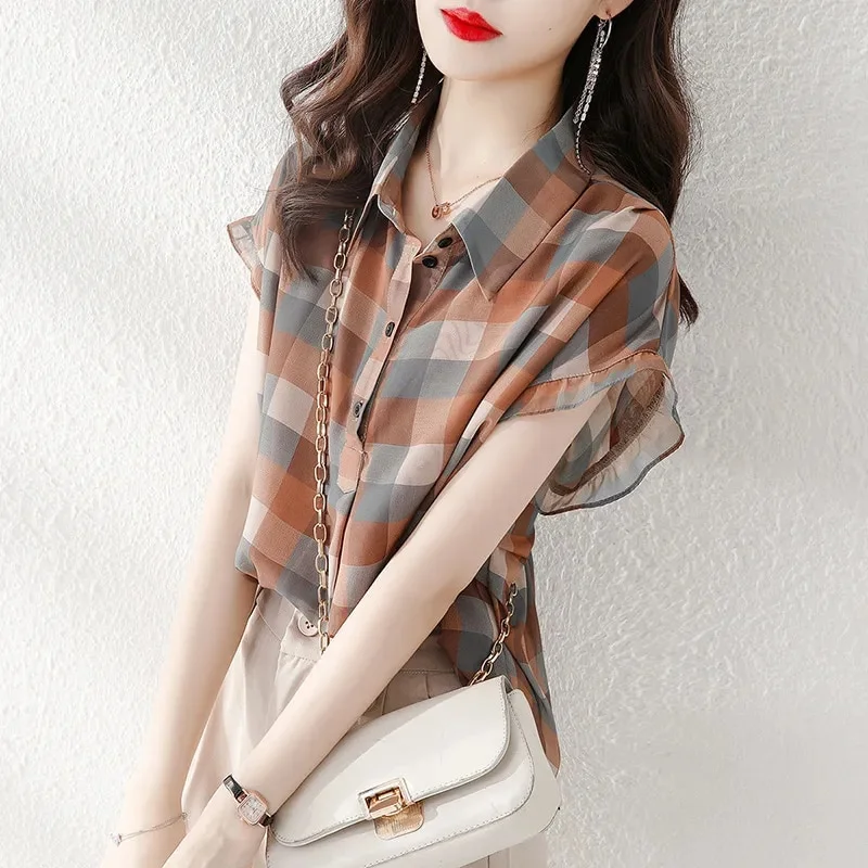 Applyw Plaid Printed Lapel Button Short Sleeve Chiffon Blouse Summer Plus Size Commute Tops Loose Casual Women Clothing Shirt