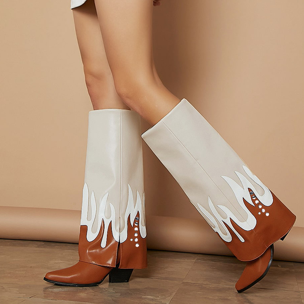 Multicolor Vegan Leather Boots Pointed Toe Cone Heels Boots For Women