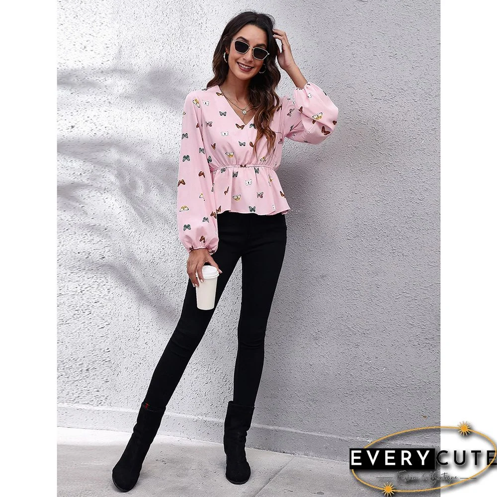 Pink Floral Print Slim Fit Lantern Sleeve Tops