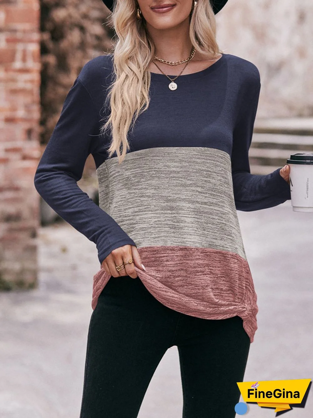 Women's Stitching Solid Color Long Sleeve Scoop Neck Top