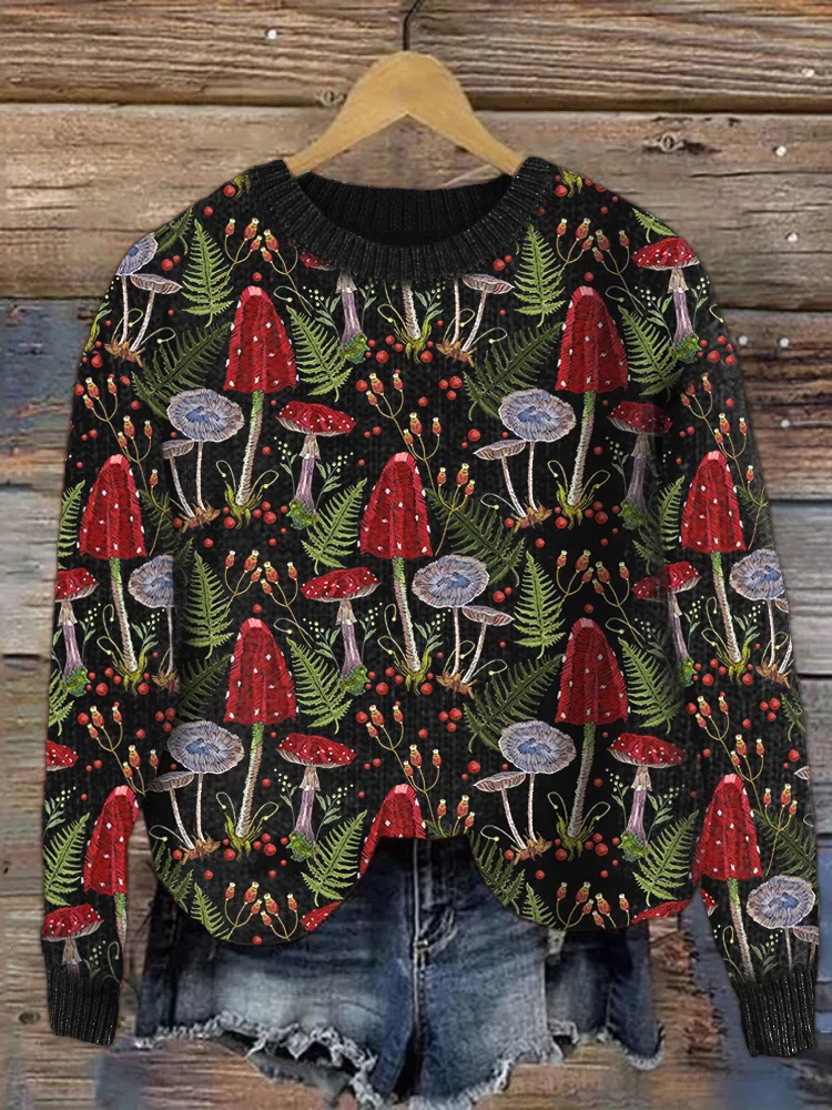 🔥kukelife🔥Forest Mushroom Floral Embroidery Art Cozy Knit Sweater