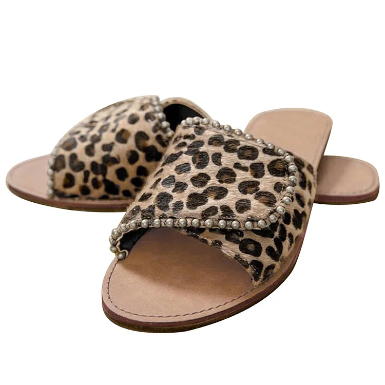 Women Leopard Slippers Summer Shoes Flip Flops Flat Rivet Beads Lady Slides-Annaletters