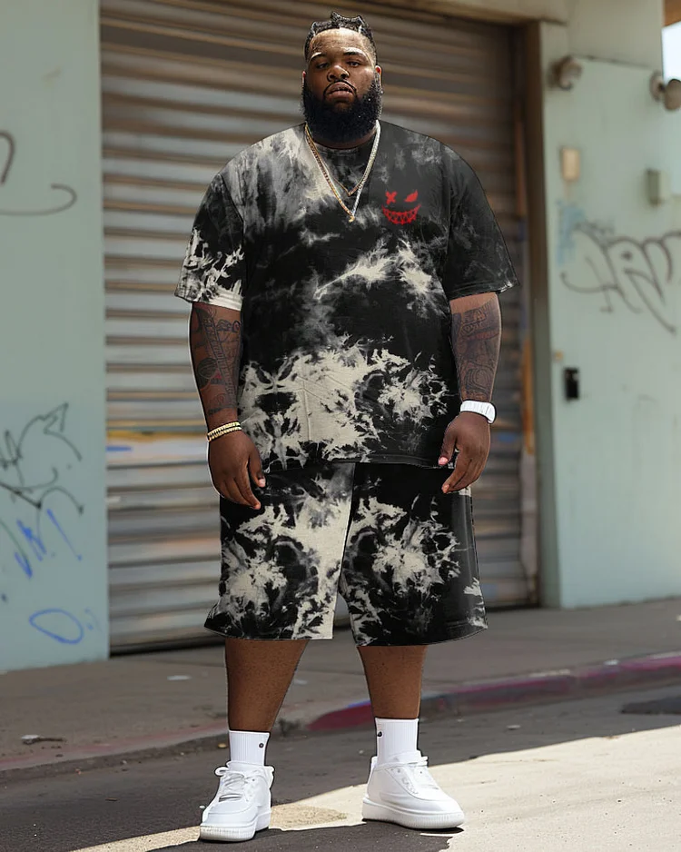 Men's Plus Size Street Casual Black Tie-Dye Print T-Shirt Shorts Suit