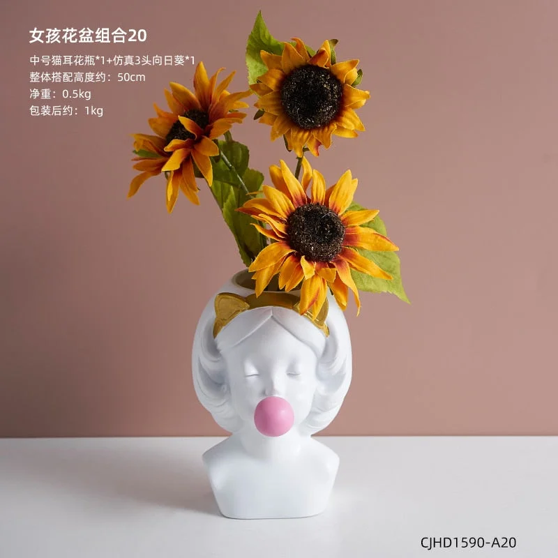Nordic style girl flower pot plant resin flower pot rabbit ear/cat ear girl potted modern living room decoration decoration gift