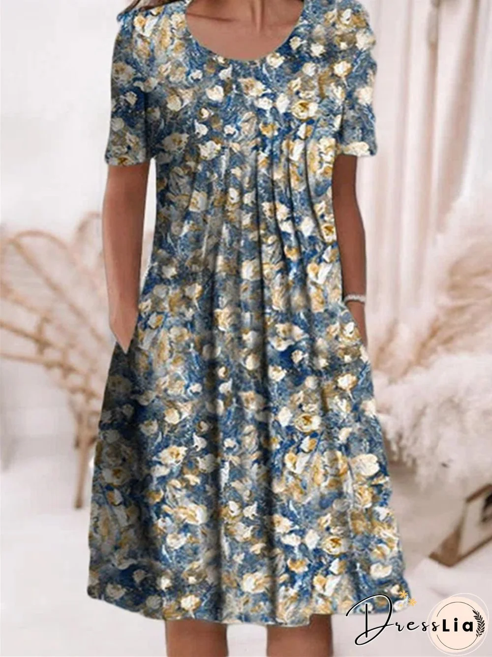 Casual Flower Round Neck Medium Length Straight Dress