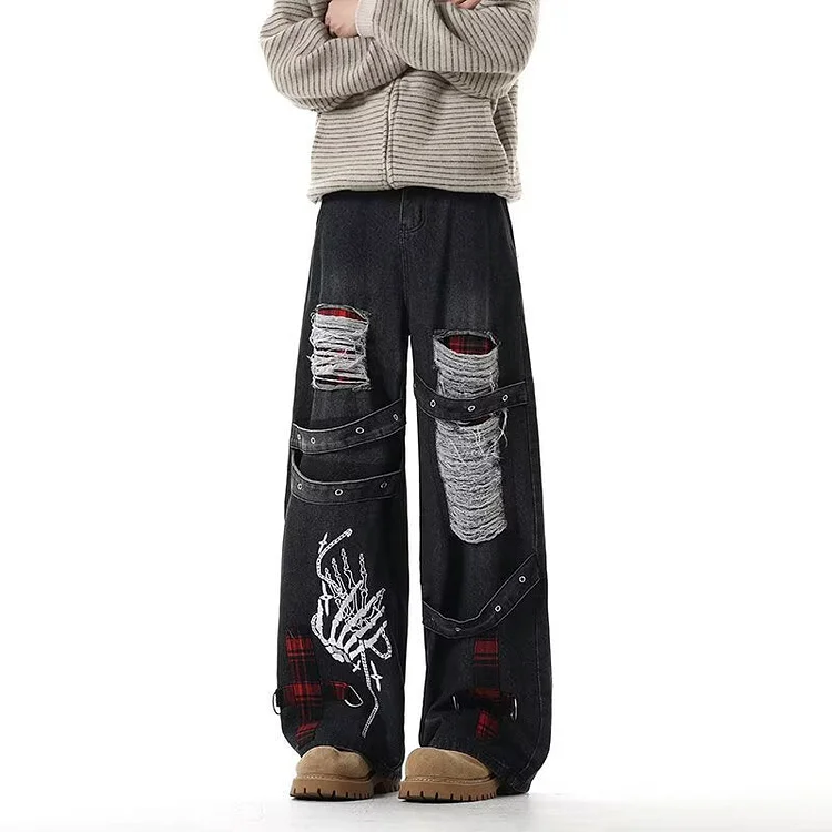 Heavy Duty Y2K Ripped Wide Leg Denim Pants
