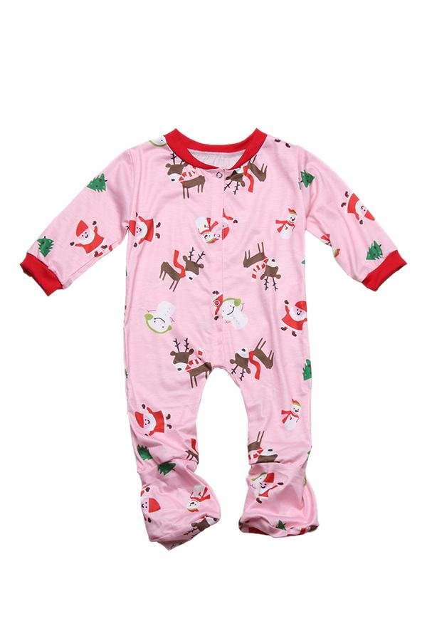 Girls Snowman Reindeer Printed Family Christmas Onesie Pajama Pink-elleschic