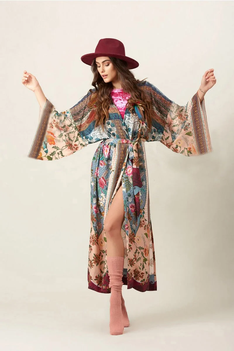 Fitshinling Ethic Print Floral Vintage Kimono Holiday Flare Sleeve Beach Cover Up With Sashes Slit Boho Vintage Long Cardigan
