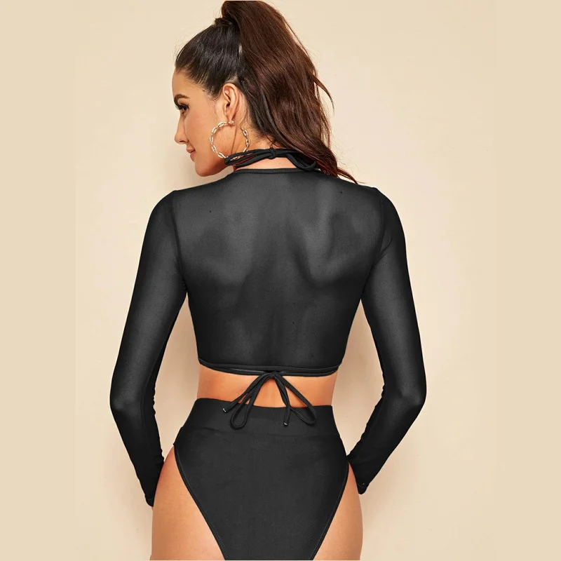 Wongn Wongn Sleeve Smock Mesh Bikini Swimsuit Split High Waist Triangle Three Piece Swimsuit 2023