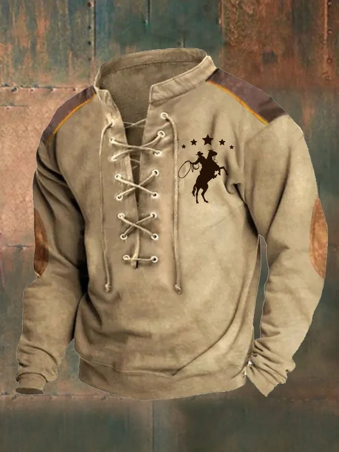 Men's Vintage Western Horse Color Block Lace-Up Sweatshirt