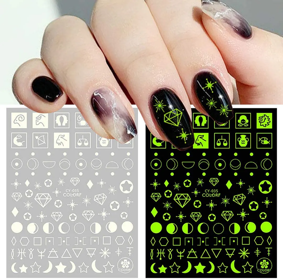 Nail Stickers Back Glue Fluorescent Light Flame Butterfly Moon Love Pattern Designs Nail Decal Decoration Tips For Beauty Salons-Nail Inspo