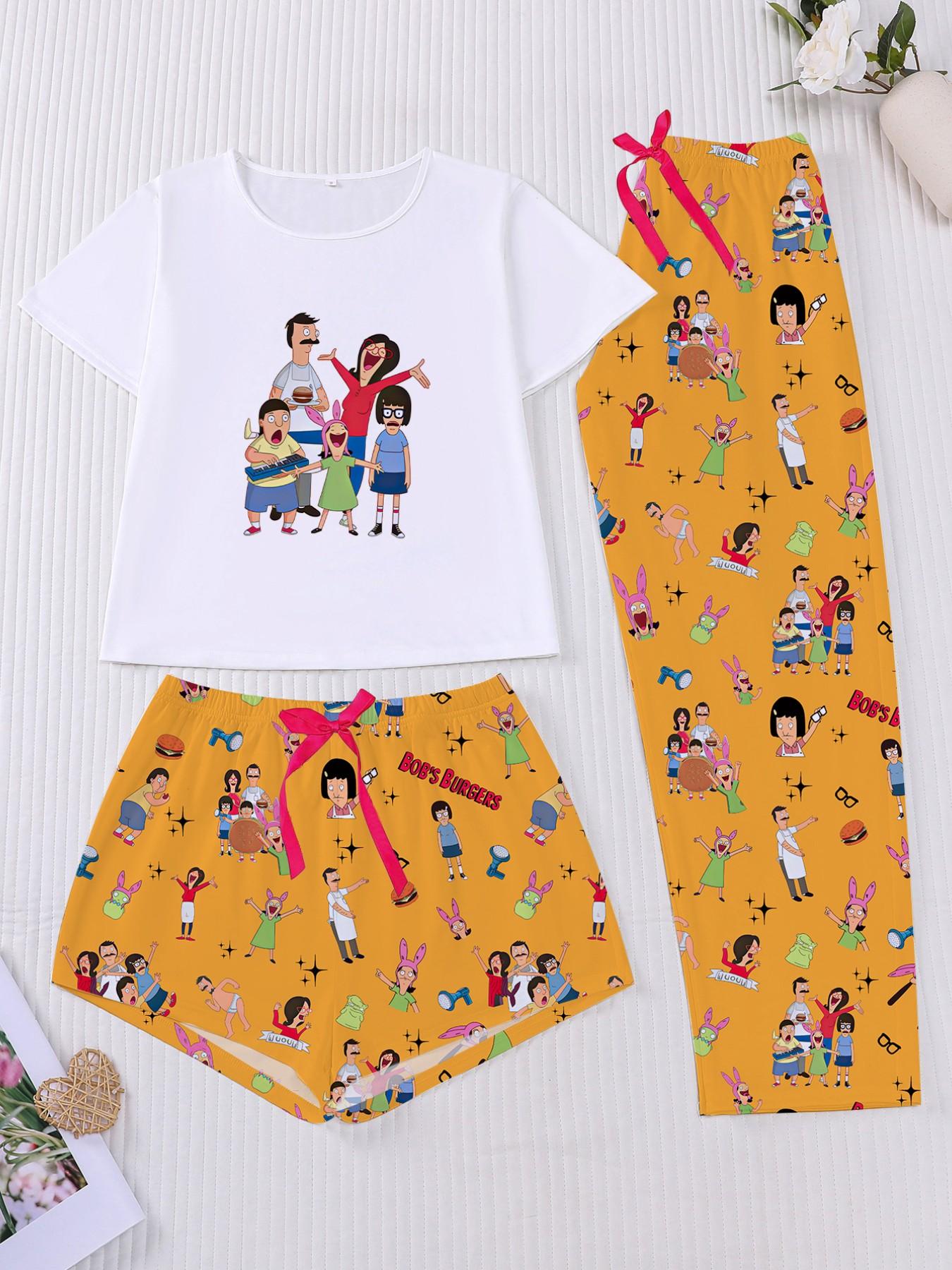 Women's Bob's Burgers Cartoon All-Over Print Pajama Set, Short-Sleeve & Long Shorts Loungewear, Three-Piece Sleepwear, Matching Pajamas