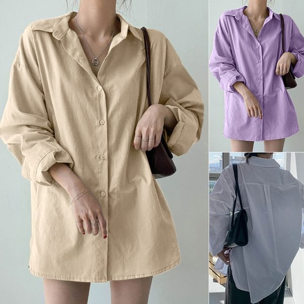 Women Drop Shoulder Long Sleeve Shirt Side Slit Oversized Shirt Casual Blouse - BlackFridayBuys