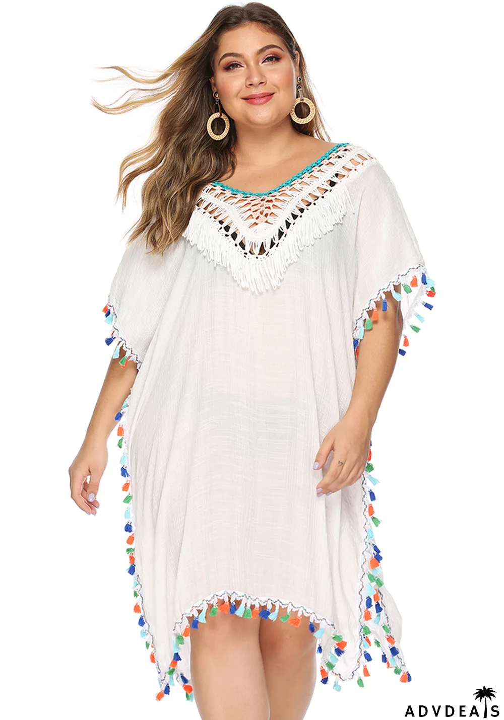 Plus Size Women's Irregular Hook Patchwork Multi-Color Tassel Deep V Sexy Loose Plus Size Beach Cover Up