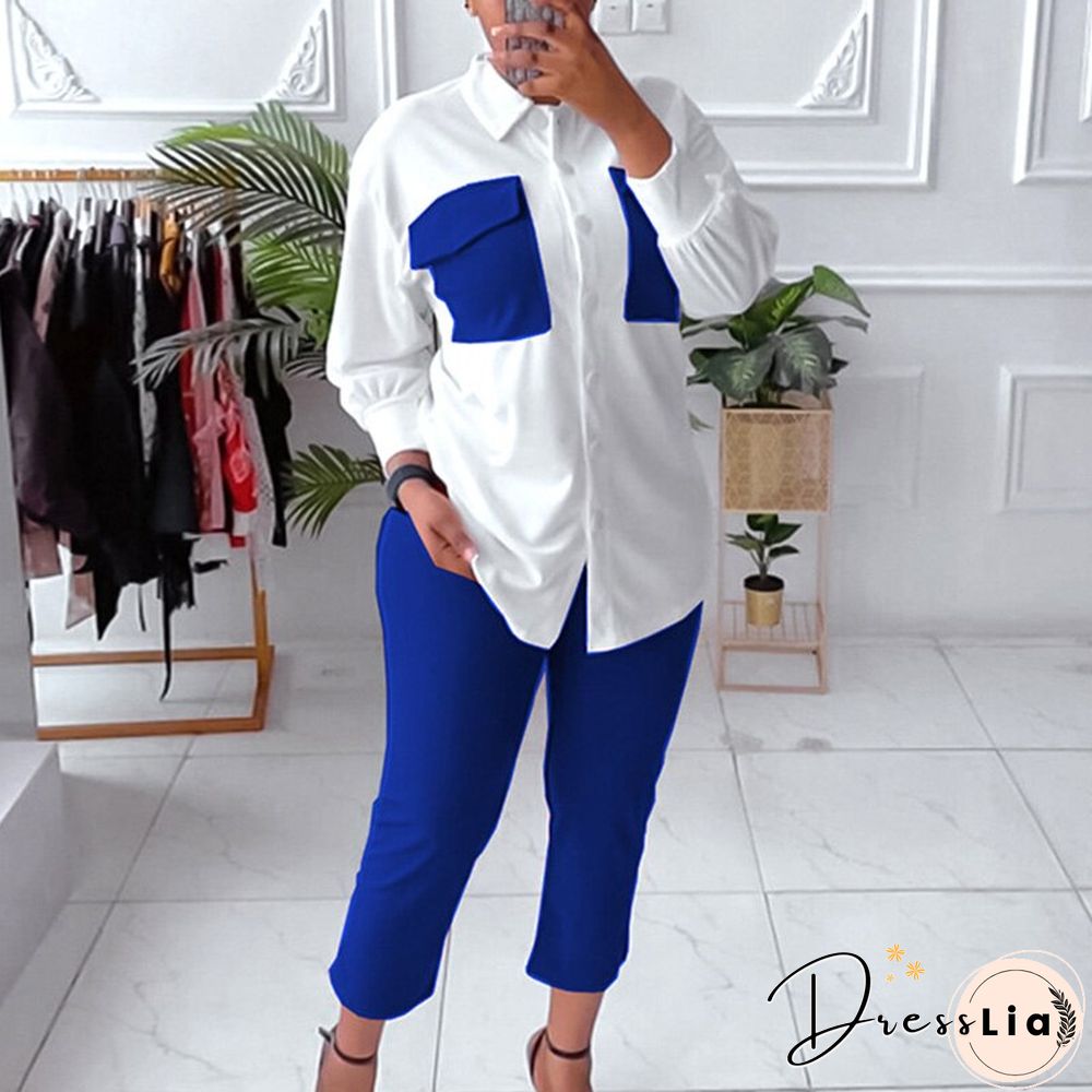 Fashion Contrasting Colors Patchwork Set 2pc Set Autumn Lapel Button Shirts & Slim Long Pants Suit New Casual Office Long Sleeve
