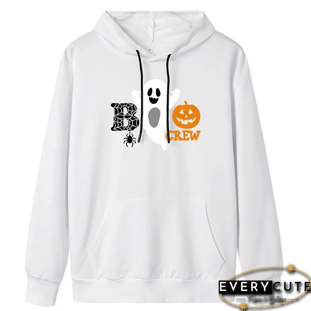 White Cotton Blend Boo Print Pullover Hoodie