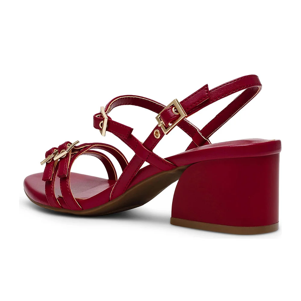 Chic Maroon Square Toe Multiple Straps Buckle Block Heel Sandals