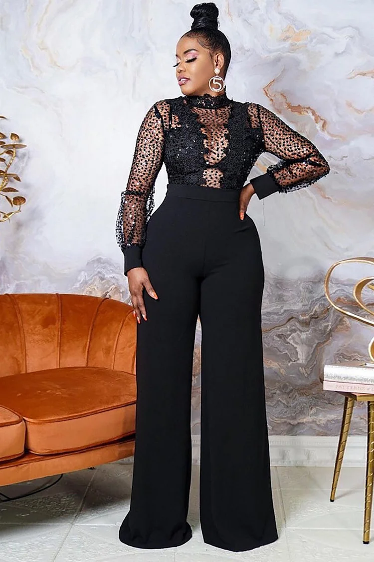 Lace Patchwork See Through Long Sleeve Jumpsuit