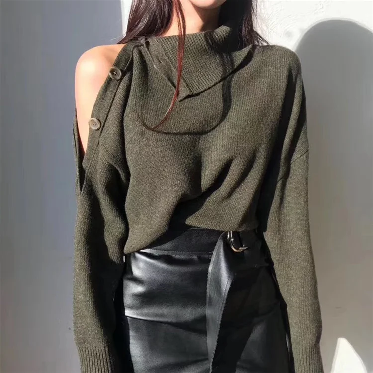 Jangj New 2022 Spring Autumn Elegant Women Sweaters Sexy Strapless Turtleneck Loose Knitted Pullovers Female Casual Solid Tops Outwear